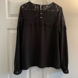 Black sateen and lace long sleeve blouse